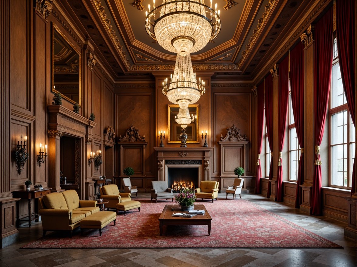 Prompt: Elegant mansion, ornate columns, carved wooden paneling, crystal chandeliers, velvet drapes, marble floors, richly patterned rugs, luxurious furniture, gilded mirrors, stately fireplaces, intricate moldings, soft warm lighting, high ceilings, symmetrical composition, realistic textures, ambient occlusion, inviting atmosphere.