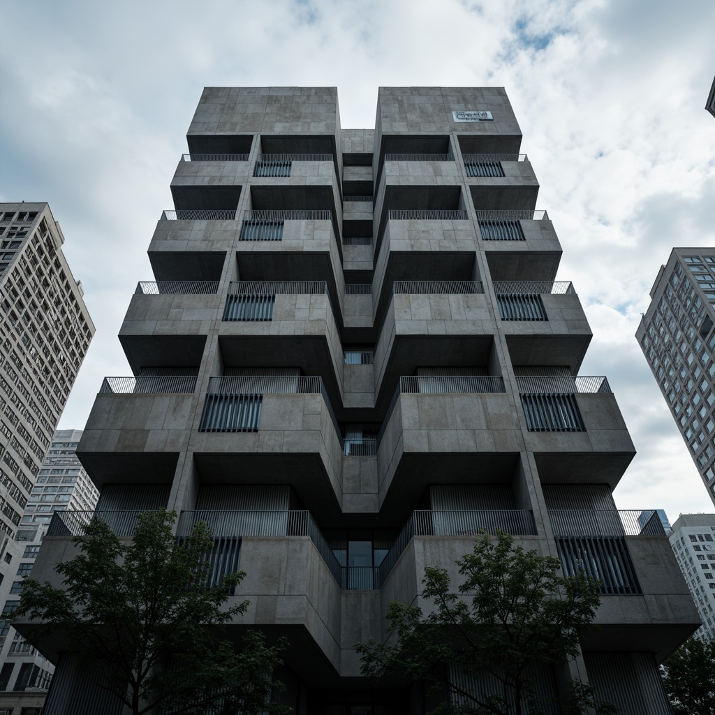 Prompt: Geometric skyscraper facade, asymmetrical composition, fragmented shapes, industrial materials, exposed ductwork, metallic beams, concrete surfaces, brutalist architecture, urban cityscape, cloudy grey sky, dramatic shading, high-contrast lighting, cinematic atmosphere, 1/2 composition, low-angle shot, realistic reflections, detailed textures, ambient occlusion.