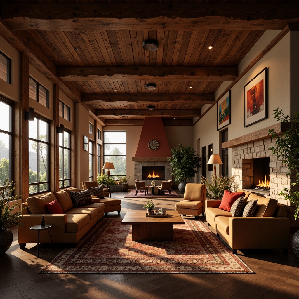 Prompt: Warm inviting lobby, rich wood accents, plush furnishings, earthy tones, natural stone walls, cozy fireplaces, soft warm lighting, golden hour ambiance, 3/4 composition, atmospheric perspective, realistic textures, ambient occlusion.