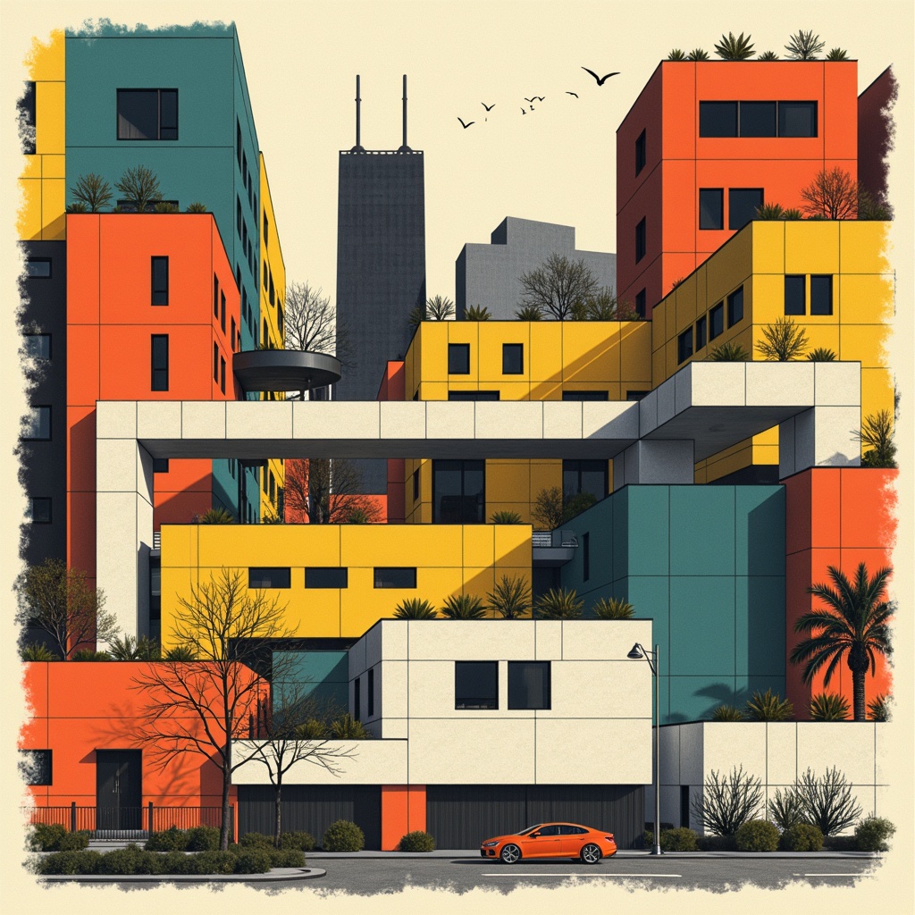 Prompt: Vibrant primary colors, geometric shapes, industrial materials, functional simplicity, rationalist design philosophy, bold typography, urban cityscape, brutalist concrete buildings, rectangular forms, clean lines, minimal ornamentation, emphasized functionality, natural light, open floor plans, communal living spaces, artistic expression, avant-garde movement, 1920s German architecture, Walter Gropius, L\u00e1szl\u00f3 Moholy-Nagy, Marcel Breuer, Anni Albers, modernist aesthetics, abstract compositions, graphic patterns, primary color palette, neutral background, high-contrast visual hierarchy, dramatic lighting effects, low-angle photography, 2/3 composition.