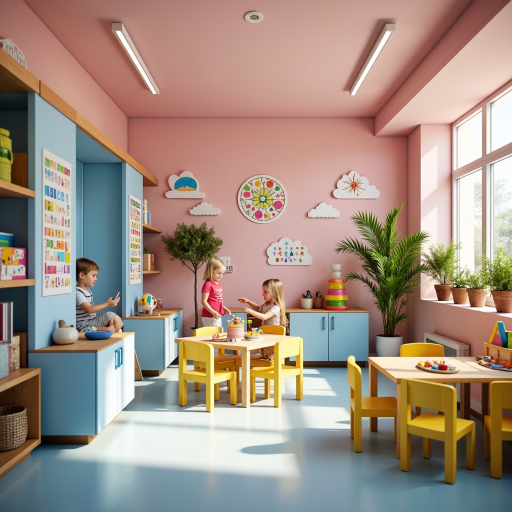 Prompt: Vibrant kindergarten, bright playful colors, pastel hues, soft pink walls, baby blue furniture, yellow accents, greenery, educational charts, alphabet decorations, colorful blocks, toys, and puzzles, wooden tables, tiny chairs, learning aids, interactive displays, natural light, warm atmosphere, shallow depth of field, 1/1 composition, realistic textures, ambient occlusion.