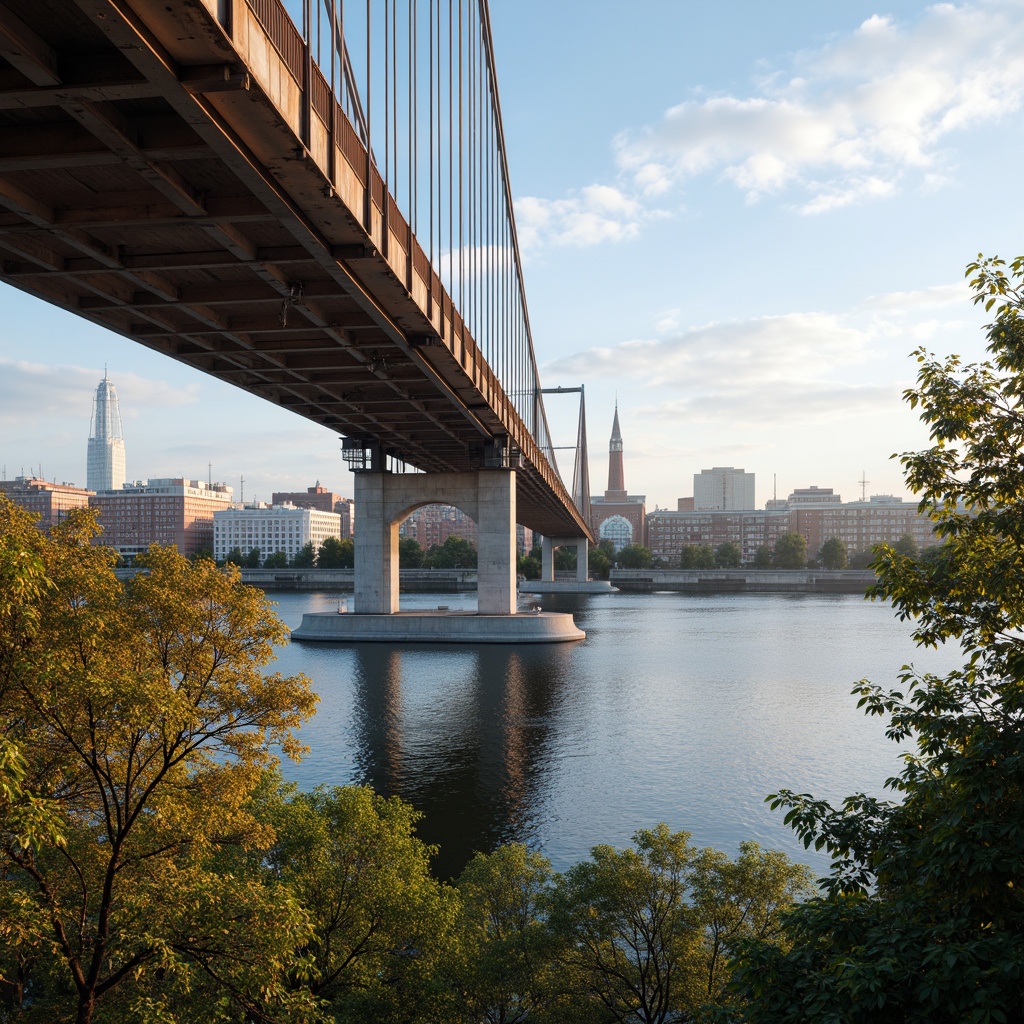 Prompt: Rust-resistant steel beams, high-strength concrete pillars, durable asphalt roadways, weathered stone facades, reinforced polymer composite materials, galvanized metal railings, UV-resistant coatings, ruggedized cable systems, robust foundation piers, sturdy suspension cables, heavy-duty bridge bearings, anti-corrosive paint finishes, water-repellent membranes, shock-absorbing expansion joints, high-visibility road markings, 3D-printed concrete components, advanced fiber-reinforced polymers, sustainable recycled materials, low-maintenance bridge design, panoramic cityscape views, dramatic river crossings, sunny day, soft warm lighting, shallow depth of field, 2/3 composition.