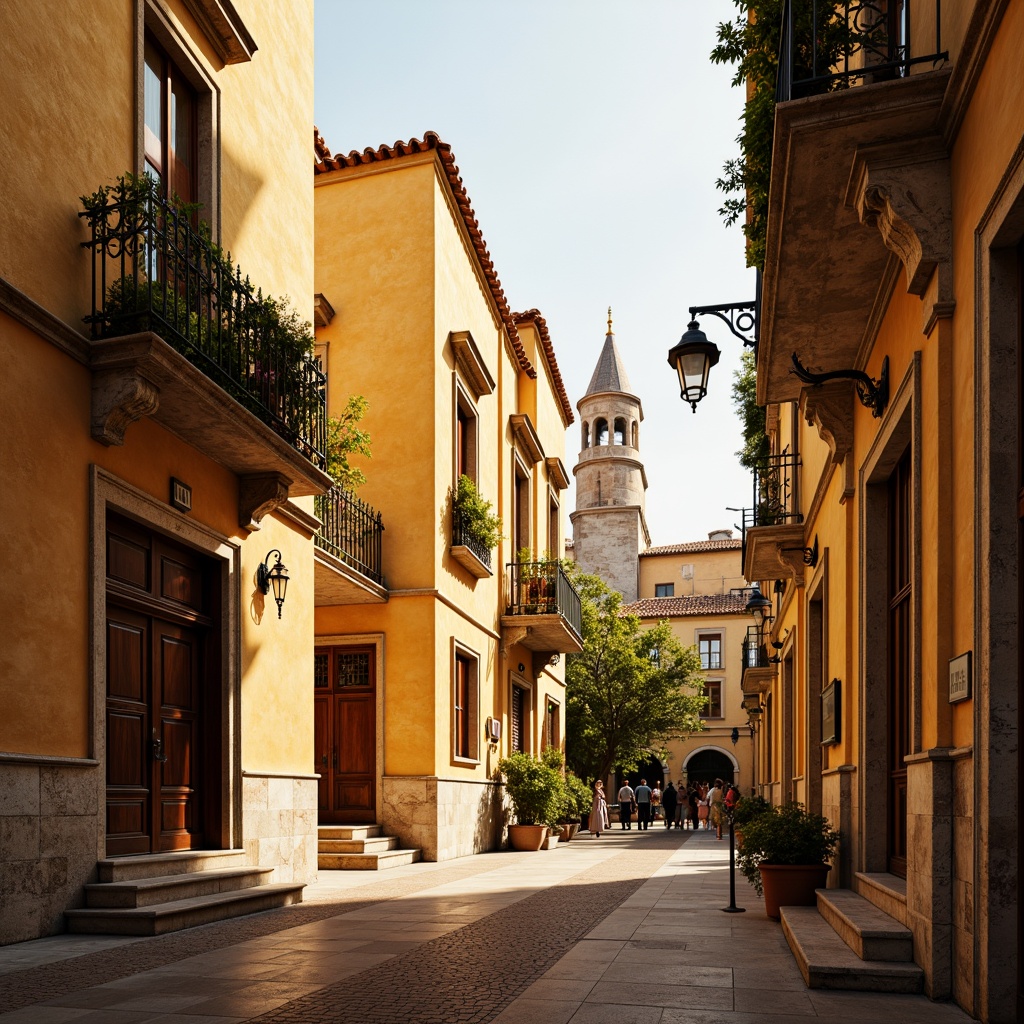 Prompt: Warm golden buildings, ornate facades, intricate stone carvings, rich bronze accents, lavish marble interiors, sun-kissed terracotta roofs, rustic wooden doors, vintage metal lanterns, soft warm lighting, shallow depth of field, 3/4 composition, panoramic view, realistic textures, ambient occlusion.