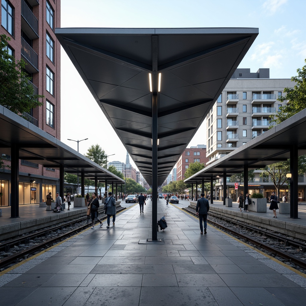 Prompt: Modern metro station, minimalist facade, clean lines, simple geometry, monochromatic color scheme, sleek glass surfaces, steel frames, subtle LED lighting, urban cityscape, bustling streets, morning commute, natural stone flooring, industrial-chic aesthetic, exposed ductwork, functional design, efficient layout, pedestrian-friendly infrastructure, cantilevered rooflines, angular columns, geometric patterns, atmospheric misting systems, soft ambient lighting, 3/4 composition, realistic textures, ambient occlusion.