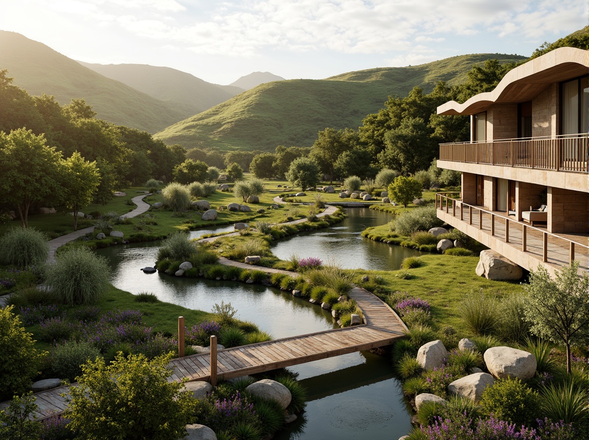 Prompt: Harmonious landscape integration, rolling hills, lush greenery, serpentine pathways, rustic wooden bridges, tranquil ponds, vibrant wildflowers, meandering streams, natural stone retaining walls, weathered wood accents, modern minimalist architecture, large glass windows, sliding doors, cantilevered roofs, organic curves, seamless transitions, warm golden lighting, soft focus, 1/1 composition, atmospheric perspective, realistic textures, ambient occlusion.