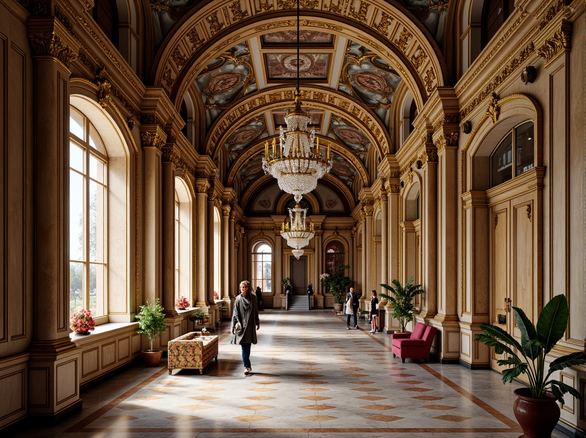 Prompt: Intricate Baroque architecture, ornate carvings, lavish decorations, grandiose facades, sweeping arches, dramatic columns, gilded accents, marble floors, crystal chandeliers, opulent furnishings, rich textiles, regal colors, golden lighting, shallow depth of field, 1/1 composition, symmetrical framing, realistic materials, ambient occlusion.