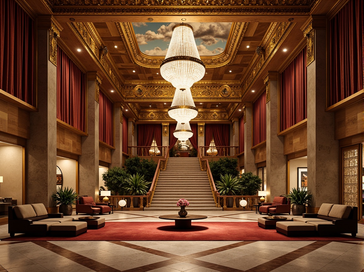 Prompt: Luxurious grand hotel lobby, ornate gold leaf details, intricately carved wooden paneling, lavish crystal chandeliers, opulent velvet drapes, majestic sweeping staircases, imposing stone columns, richly patterned marble floors, regal red carpeting, lavish furnishings, gilded mirrors, exquisite fresco ceilings, warm golden lighting, dramatic shadows, 1/2 composition, symmetrical framing, high-contrast colors, realistic textures.