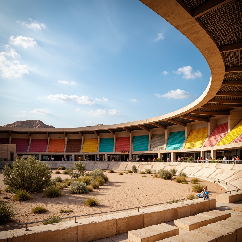 Prompt: Arid desert landscape, sandy dunes, cactus plants, hot sunny day, clear blue sky, vast open space, modern stadium architecture, curved metal structures, angular lines, bold color schemes, warm beige tones, deep terracotta reds, turquoise blues, vibrant yellows, abstract geometric patterns, intricate Moorish motifs, natural stone seating areas, sleek glass railings, shaded concourses, misting systems, dramatic floodlighting, low-angle shot, 2/3 composition, cinematic atmosphere.