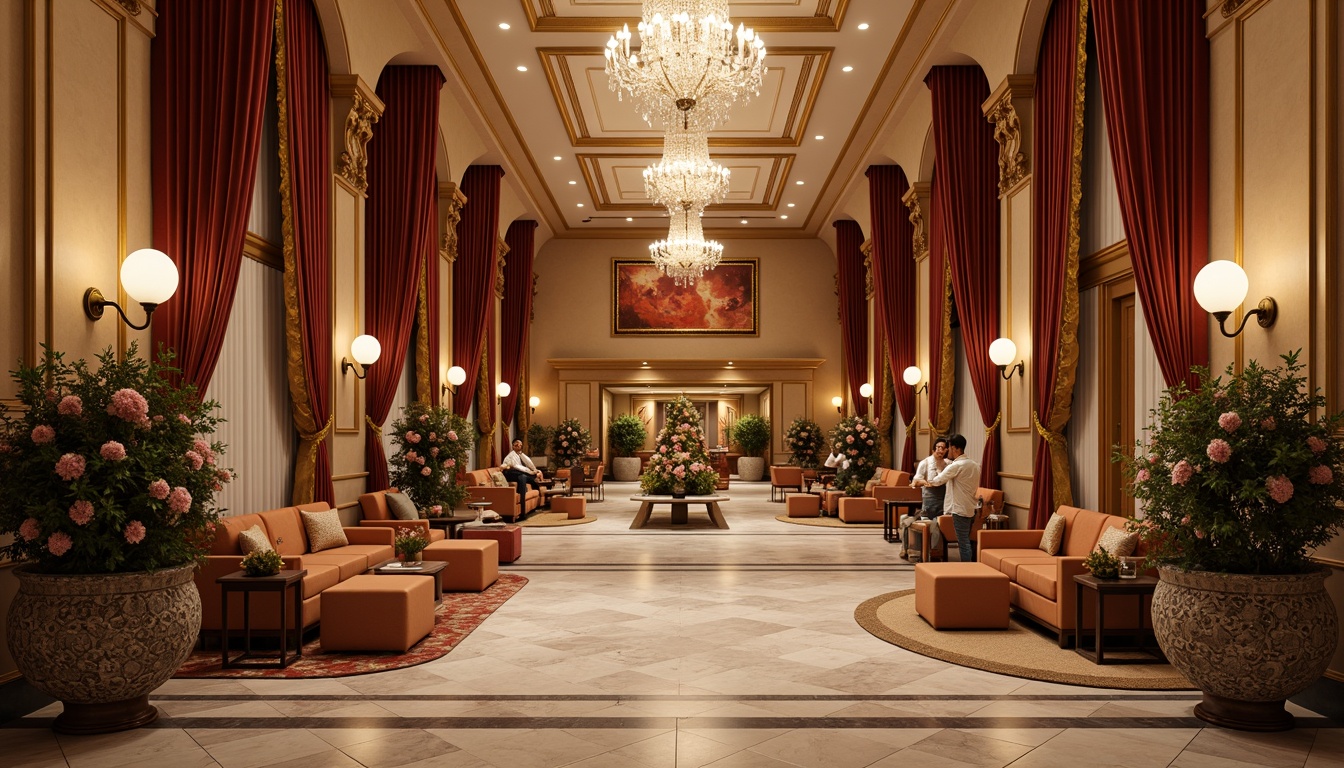 Prompt: Luxurious hotel lobby, ornate furnishings, rich velvet drapes, golden accents, crystal chandeliers, marble floors, warm beige walls, lavish flower arrangements, soft candlelight, intimate seating areas, elegant archways, intricate moldings, warm terracotta tones, deep berry reds, opulent emerald greens, regal navy blues, creamy whites, subtle sheen finishes, ornate gilded frames, refined metallic details, sophisticated textures, inviting ambiance, 1/1 composition, warm soft focus, natural light scattering.