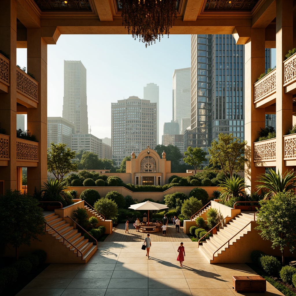 Prompt: Vibrant cityscape, Art Deco skyscrapers, ornate metal details, geometric patterns, luxurious marble floors, grand staircases, opulent chandeliers, lush green roofs, tropical plants, sunny afternoon, warm golden lighting, shallow depth of field, 1/1 composition, symmetrical framing, high contrast, cinematic mood, intricate textures, ambient occlusion.