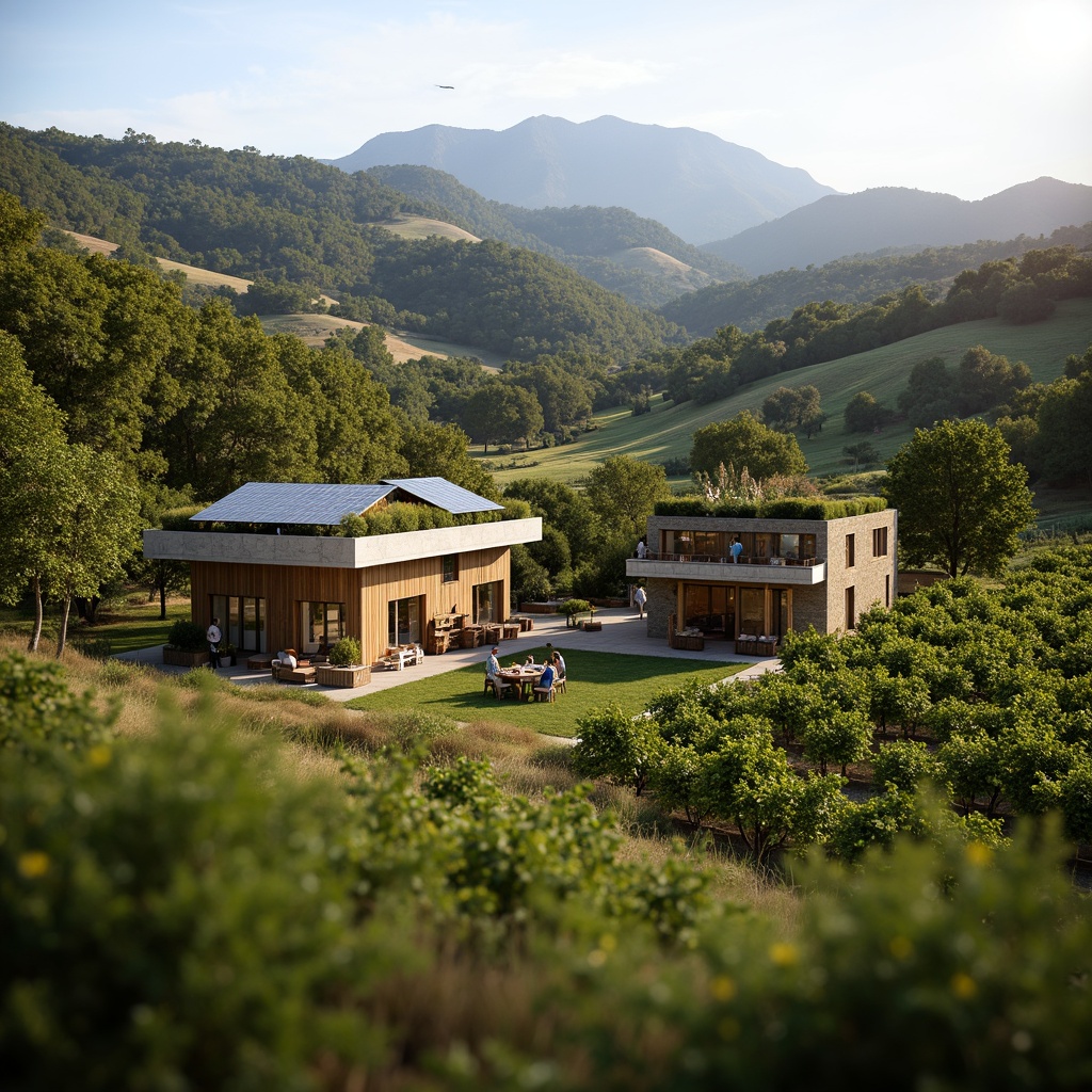 Prompt: Rustic vineyard, rolling hills, lush greenery, sustainable winery, eco-friendly materials, reclaimed wood accents, living roofs, green walls, solar panels, wind turbines, rainwater harvesting systems, natural stone foundations, earthy color palette, warm ambient lighting, shallow depth of field, 3/4 composition, panoramic view, realistic textures, ambient occlusion.