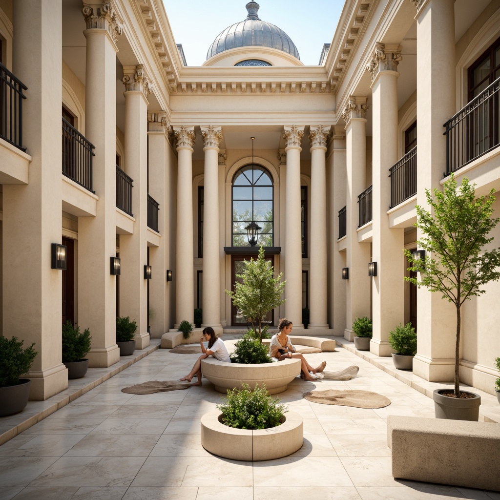 Prompt: Elegant clinic facade, neoclassical columns, ornate cornices, symmetrical composition, grand entrance, curved staircases, marble flooring, cream-colored walls, large windows, ornamental metal railings, subtle arches, rounded domes, classical pediments, intricate stone carvings, soft natural lighting, warm beige tones, 1/2 composition, shallow depth of field, realistic textures, ambient occlusion.