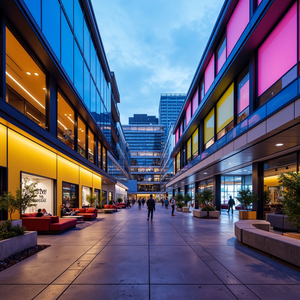 Prompt: Vibrant community center, neon-lit corridors, futuristic architecture, metallic surfaces, LED light installations, bold color blocking, high-contrast hues, electric blue accents, bright citrus tones, sleek glass railings, minimalist furnishings, polished concrete floors, angular lines, geometric patterns, modern typography, urban cityscape, cloudy sky, dramatic shadows, low-key lighting, 3/4 composition, symmetrical framing.