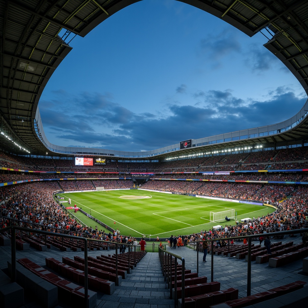 Prompt: Floodlit soccer stadium, evening atmosphere, warm white lighting, horizontal beam lights, LED scoreboard displays, vibrant team colors, lush green grass, tiered seating areas, concrete steps, metal railings, modern architecture, angular lines, retractable roofs, open-air design, clear sky, dramatic shadows, high-contrast lighting, 1/2 composition, low-angle shot, realistic textures, ambient occlusion.