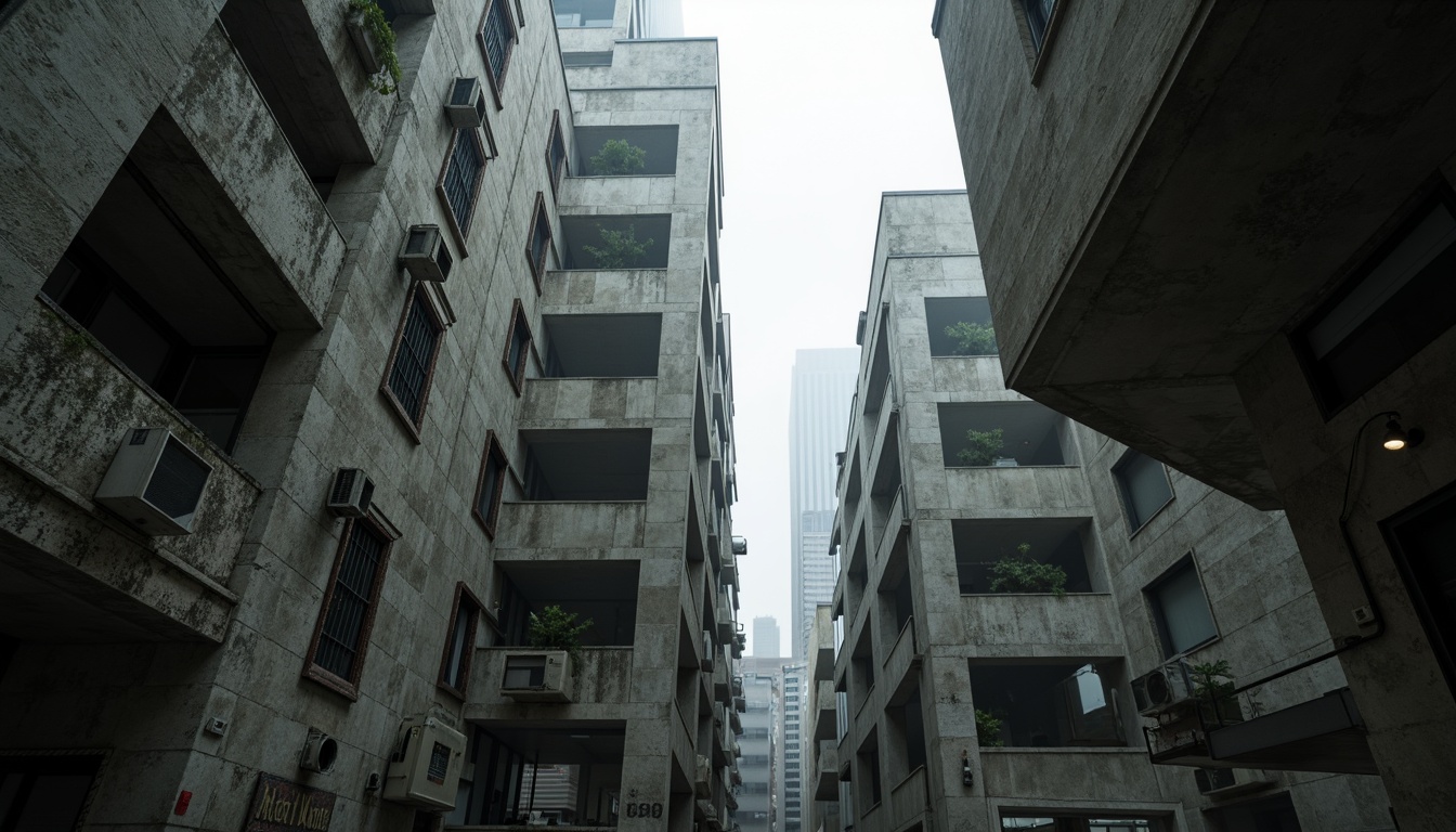 Prompt: Raw concrete towers, rugged textures, fortress-like fa\u00e7ades, monumental scale, cantilevered floors, geometric angularity, industrial materials, steel beams, exposed ductwork, brutalist architecture, urban skyline, dramatic shadows, high-contrast lighting, 1/2 composition, low-angle shot, cinematic mood, atmospheric fog, gritty urban atmosphere.