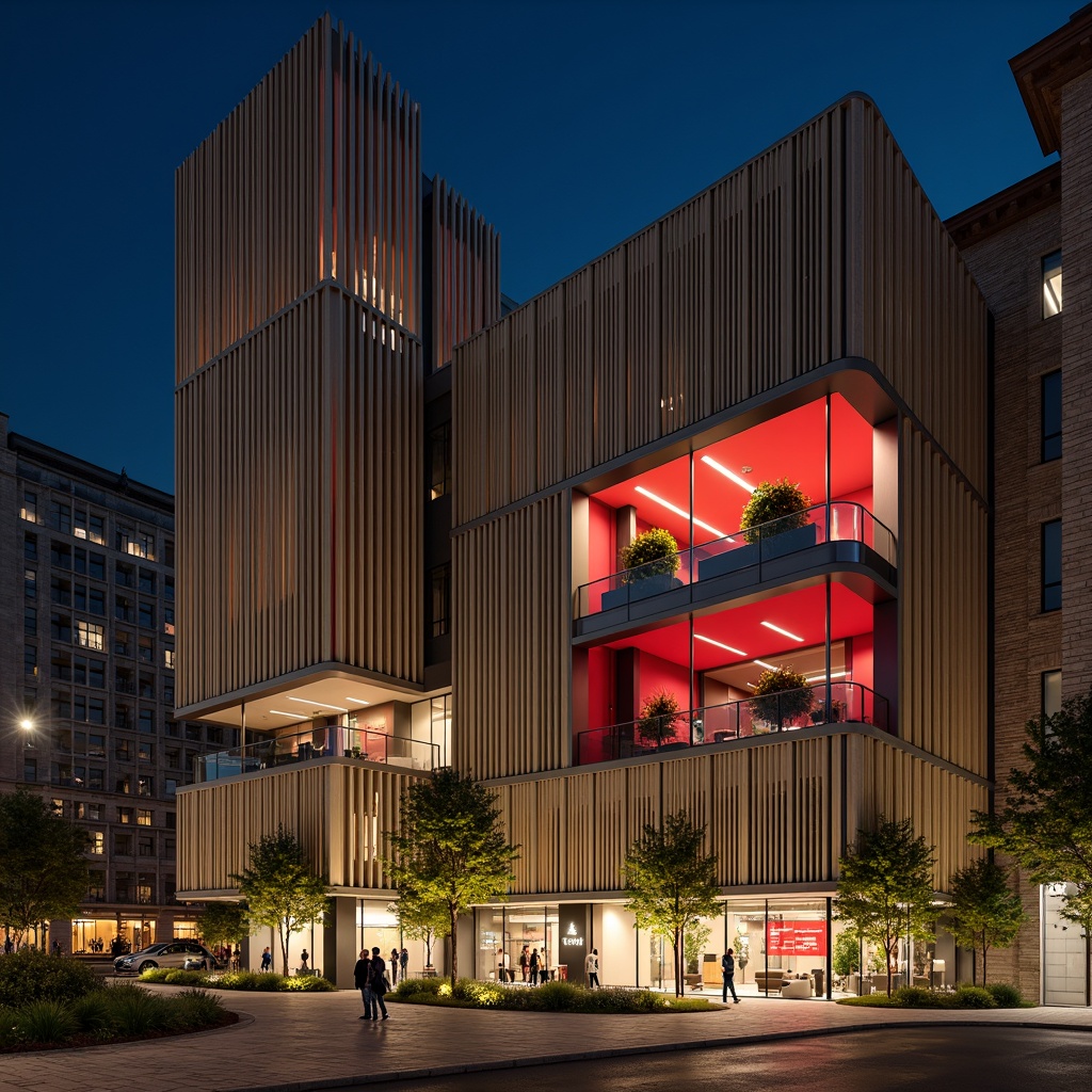 Prompt: Modern commercial building facade, neutral beige tones, rich charcoal grey accents, bold crimson red highlights, sleek silver metallic finishes, warm earthy brown undertones, vibrant greenery walls, LED lighting installations, urban cityscape background, dramatic nighttime illumination, shallow depth of field, 1/2 composition, realistic reflections, ambient occlusion.