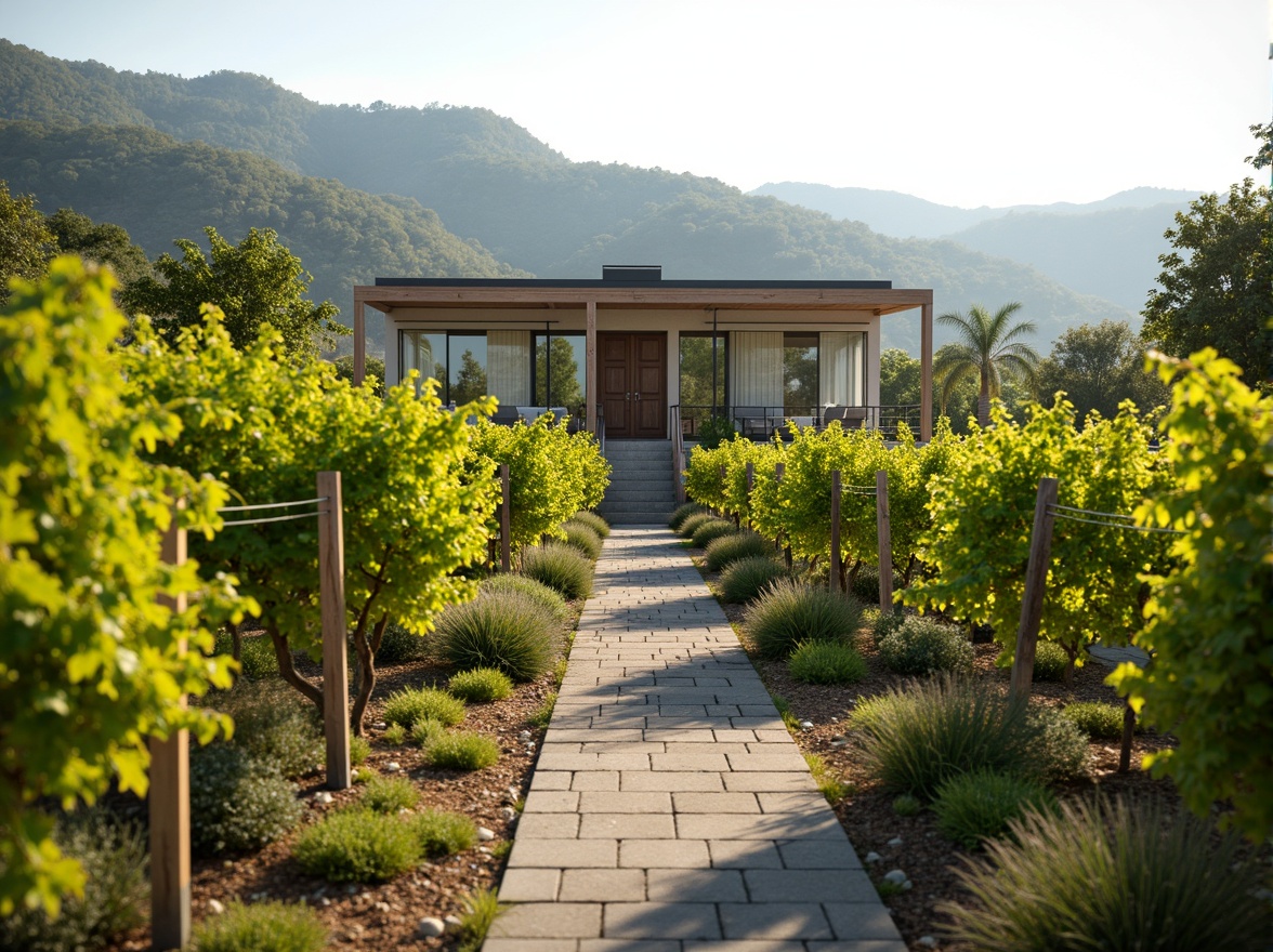 Prompt: Vineyard landscape, rolling hills, lush green vines, rustic wooden fences, stone pathways, modern minimalist winery building, clean lines, neutral color palette, large windows, natural light, industrial metal accents, reclaimed wood decor, earthy tones, serene atmosphere, warm sunny day, soft diffused lighting, shallow depth of field, 1/1 composition, realistic textures, ambient occlusion.