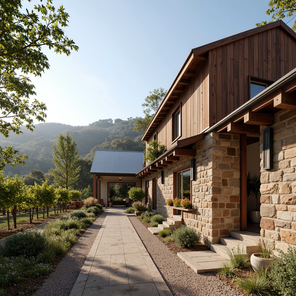 Prompt: Rustic winery exterior, natural stone walls, weathered wood accents, corrugated metal roofs, industrial-style lighting fixtures, minimalist signage, gravel pathways, lush vineyards, rolling hills, serene countryside, warm sunny day, soft diffused light, shallow depth of field, 1/1 composition, realistic textures, ambient occlusion.