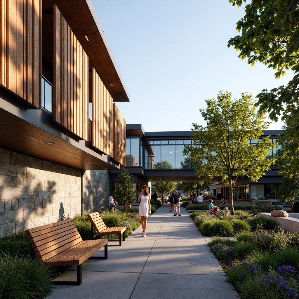 Prompt: Vibrant campus scenery, lush greenery, blooming flowers, rustic stone walls, wooden benches, modern fusion architecture, sleek metal accents, glass bridges, cantilevered roofs, natural wood textures, rough concrete surfaces, industrial-style lighting, warm soft lighting, shallow depth of field, 3/4 composition, panoramic view, realistic reflections, ambient occlusion.