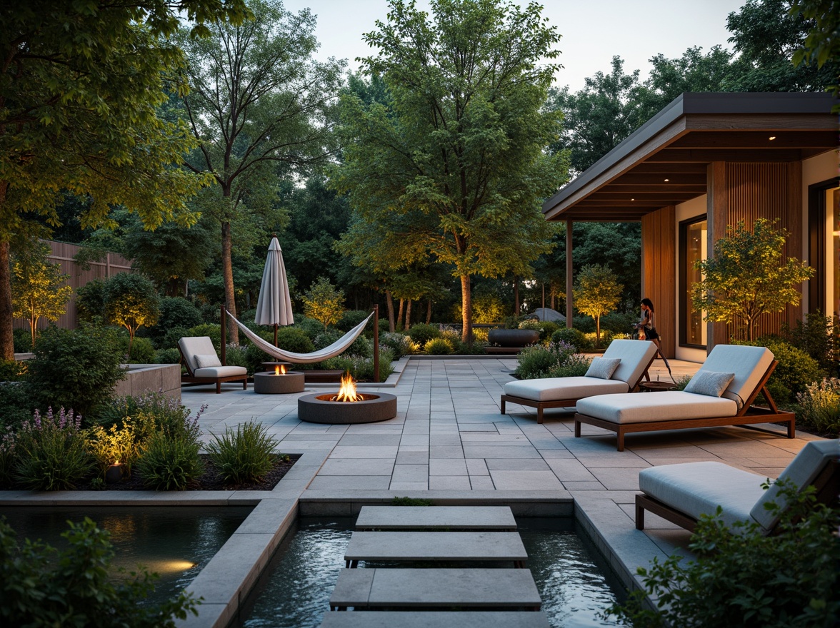 Prompt: Luxurious garden, serene water features, elegant stone pathways, lush greenery, vibrant flowers, sophisticated outdoor furniture, refined metal accents, warm ambient lighting, soft focus blur, 1/2 composition, intimate atmosphere, realistic textures, subtle color palette, natural materials, wooden decks, cozy fire pits, inviting hammocks, ornate planters, classic sculptures, tranquil ambiance.