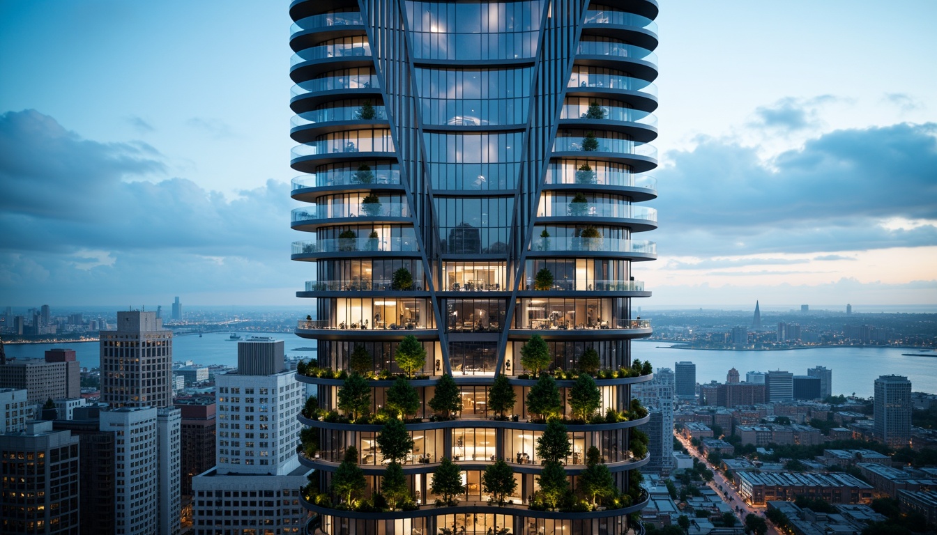 Prompt: Sleek modern skyscraper, curved glass facade, metallic accents, cantilevered balconies, vertical green walls, futuristic LED lighting, angular lines, minimalist decor, high-rise cityscape, urban landscape, cloudy blue sky, dramatic shading, 1/1 composition, cinematic view, realistic reflections, ambient occlusion.