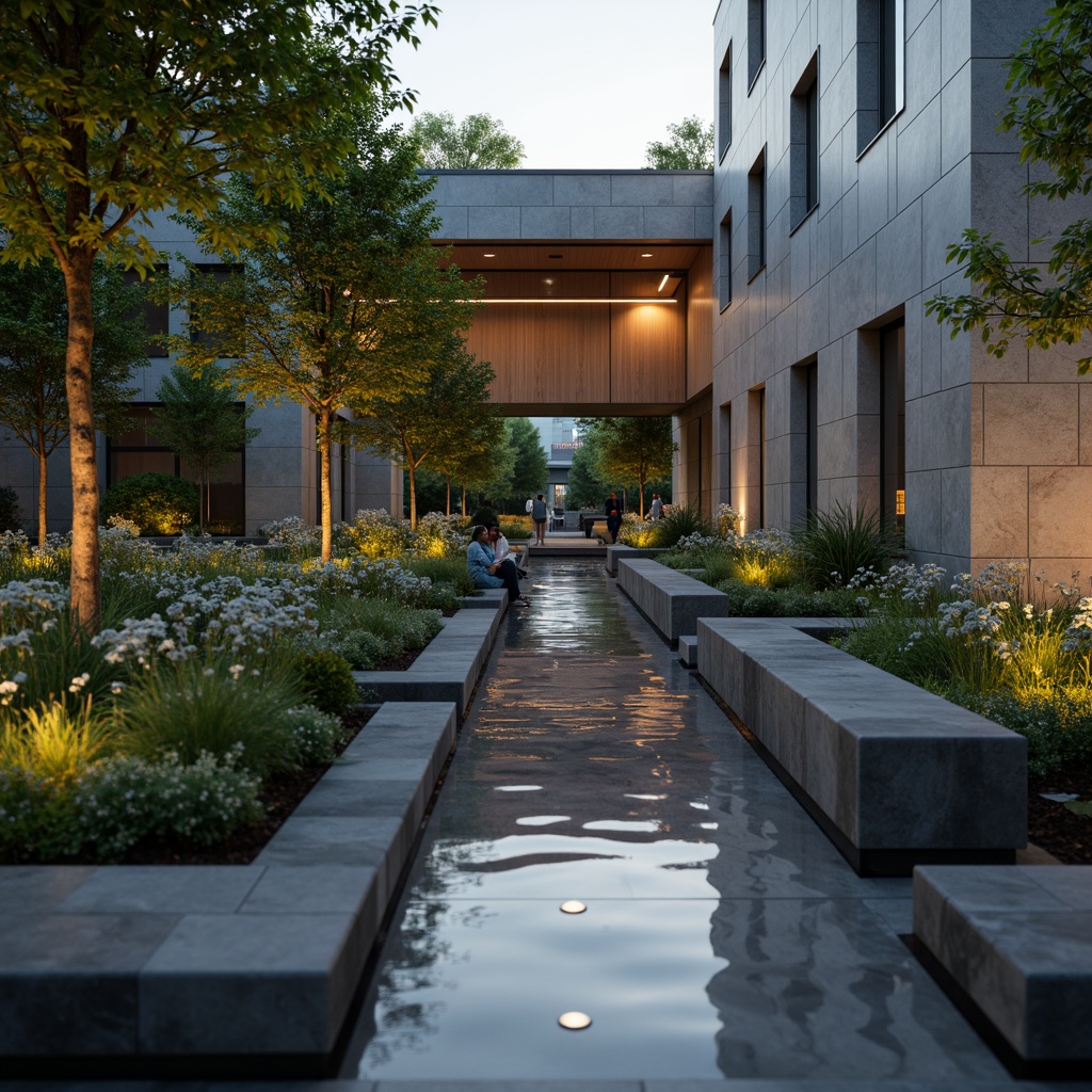 Prompt: Solemn memorial center, natural stone walls, polished black granite, weathered bronze accents, subtle LED lighting, soft warm wood tones, minimalist design, calming water features, serene landscaping, lush greenery, vibrant flowers, tranquil atmosphere, shallow depth of field, 1/2 composition, realistic textures, ambient occlusion.