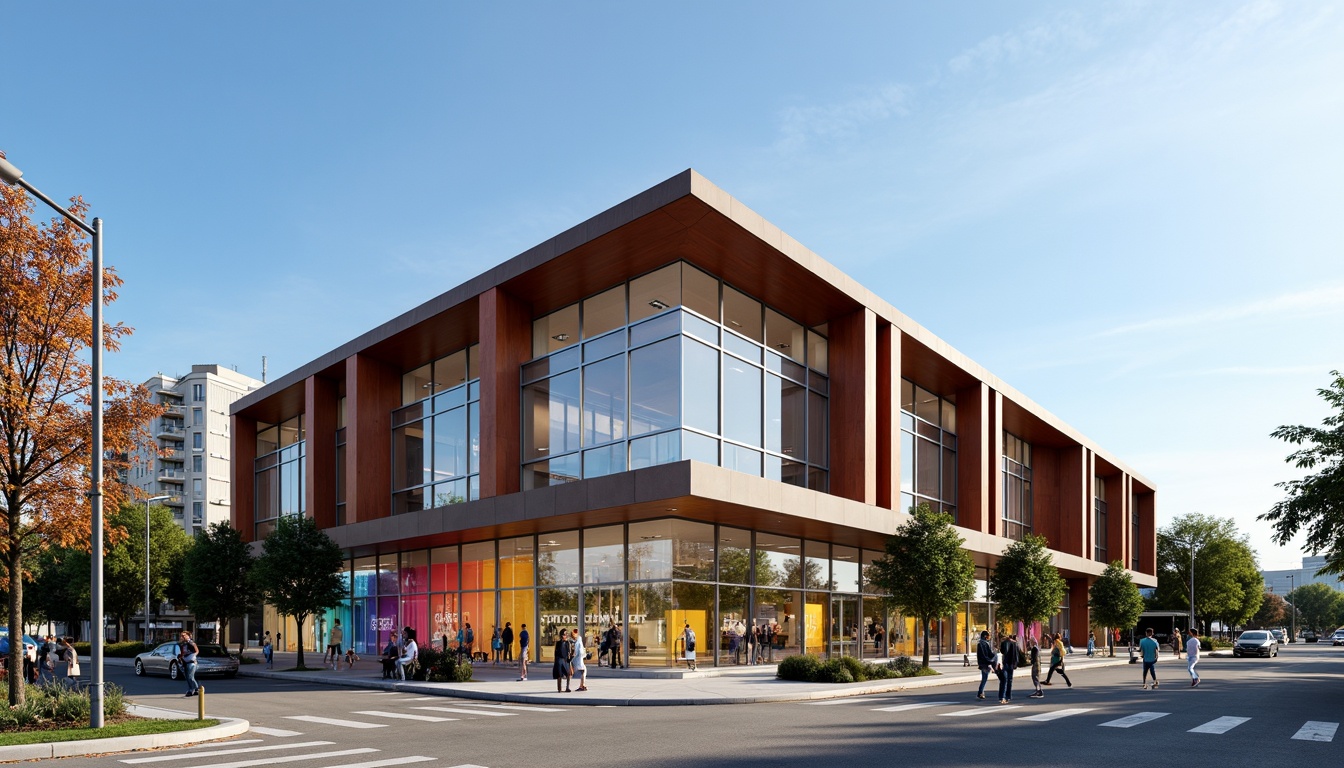 Prompt: Modern gymnasium building, bold facade articulation, dynamic angular lines, cantilevered rooflines, transparent glass walls, vibrant colorful accents, sports-themed signage, athletic equipment displays, outdoor recreation spaces, urban cityscape backdrop, sunny day with soft shadows, realistic textures, ambient occlusion, 1/1 composition, shallow depth of field, wide-angle lens.