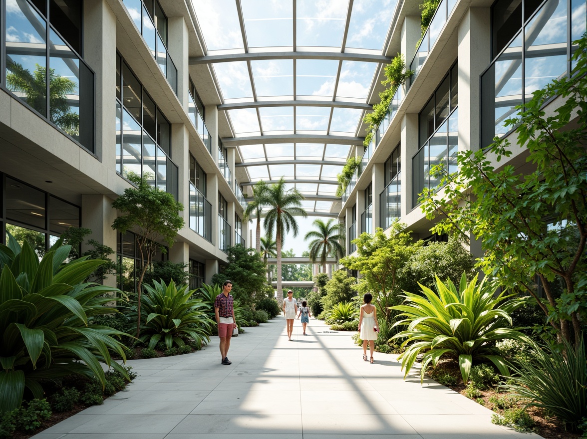 Prompt: Vibrant atrium, natural light transmission, glass ceiling, transparent roof, minimalist interior, sleek metal frames, white marble floors, lush greenery, tropical plants, warm sunny day, soft diffused lighting, shallow depth of field, 1/1 composition, realistic textures, ambient occlusion, subtle shading effects.