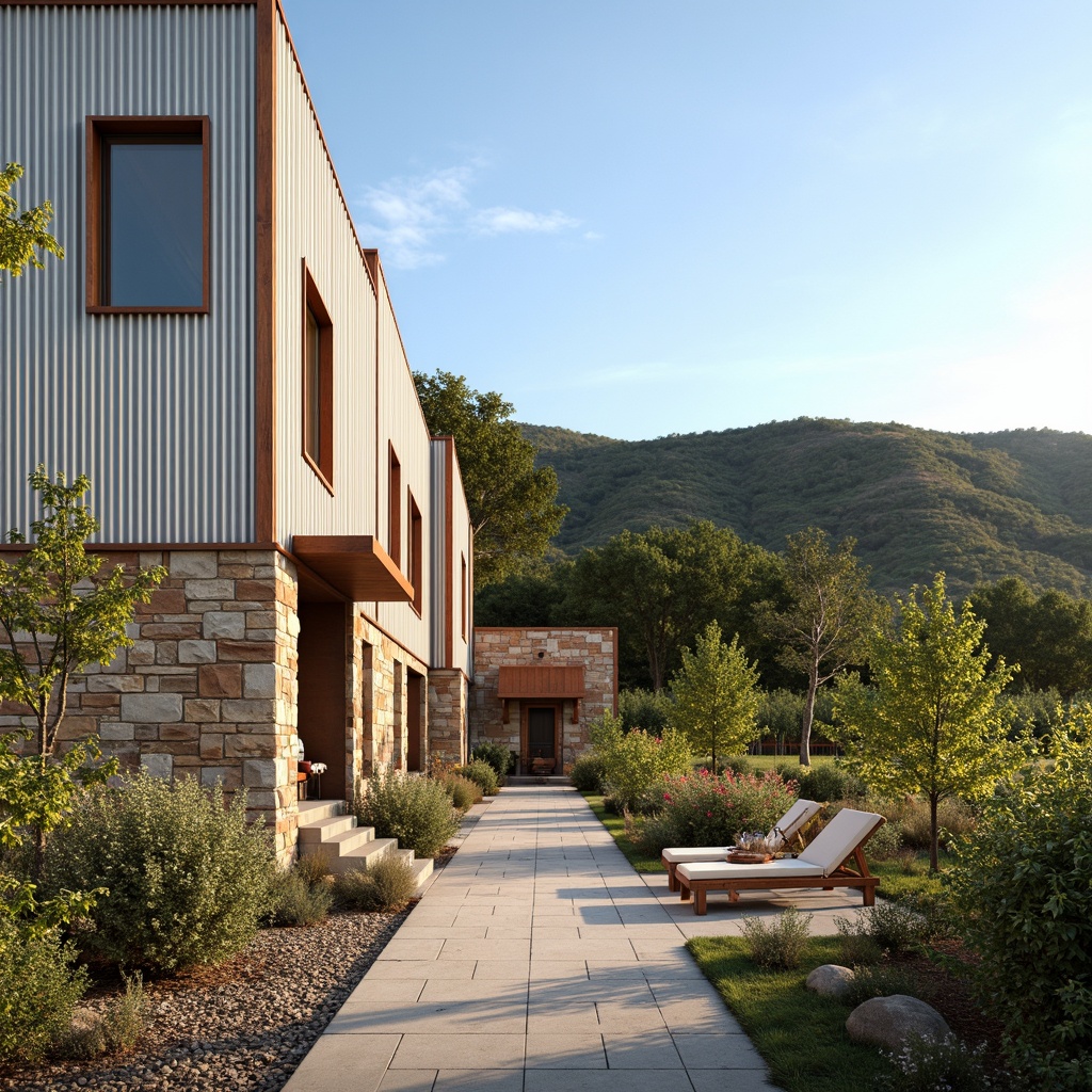 Prompt: Rustic winery exterior, weathered wood accents, corrugated metal cladding, natural stone walls, earthy color palette, minimalist design, clean lines, industrial chic aesthetic, functional simplicity, vineyard surroundings, rolling hills, lush greenery, clear blue sky, warm sunny day, soft diffused lighting, 1/1 composition, realistic textures, ambient occlusion.