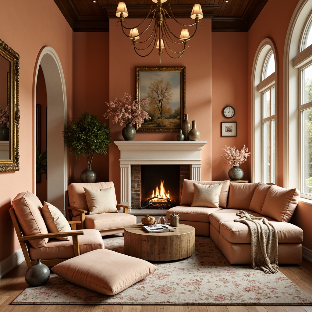 Prompt: Warm peach tones, soft golden hues, creamy whites, rich wood textures, natural stone accents, cozy living spaces, inviting atmosphere, plush furnishings, velvet fabrics, ornate mirrors, decorative vases, elegant chandeliers, subtle patterns, earthy undertones, warm afternoon lighting, shallow depth of field, 1/2 composition, intimate portrait view, realistic rendering, ambient occlusion.