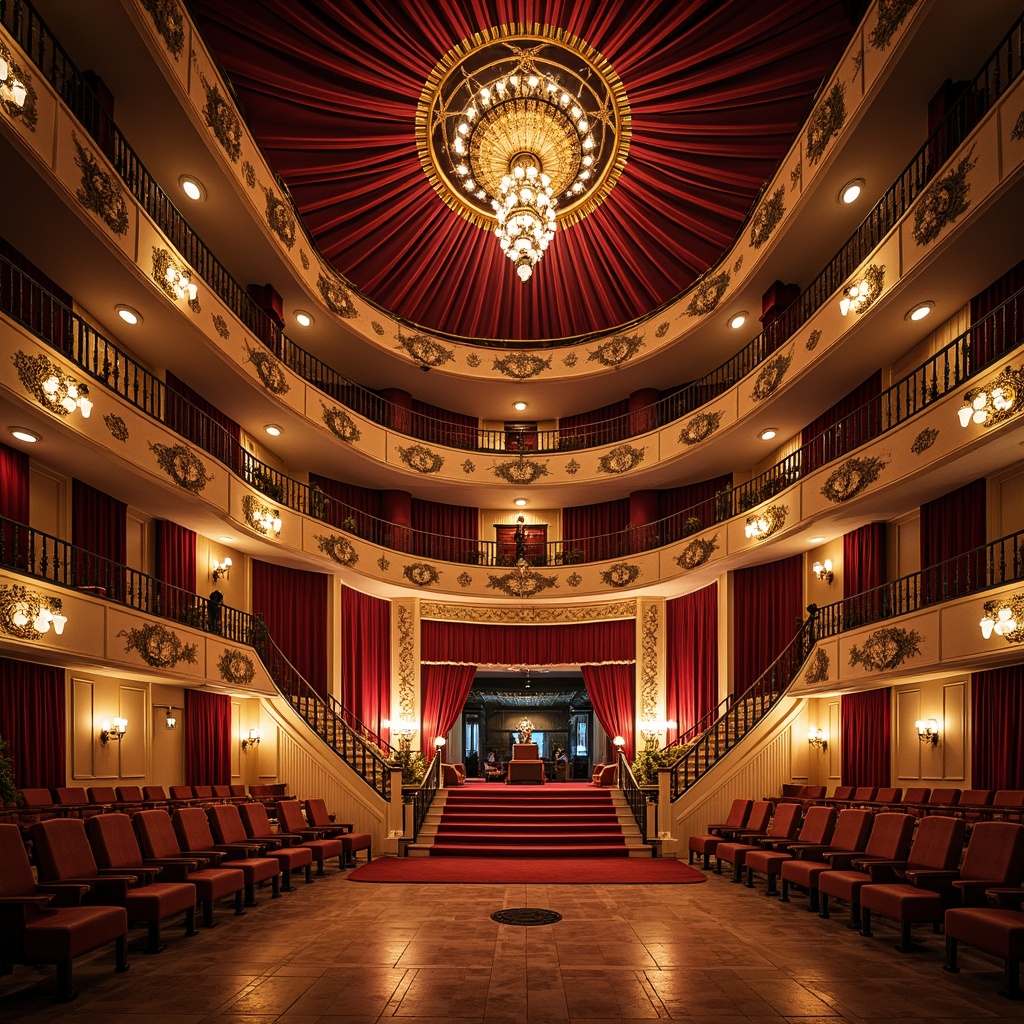 Prompt: Grandiose opera house, rich velvet curtains, lavish golden ornaments, intricate Baroque details, ornate chandeliers, majestic staircases, opulent red carpeting, luxurious cream walls, gleaming marble floors, dramatic spotlights, warm soft lighting, cinematic composition, low-angle shot, vivid color contrast, high-contrast textures, regal atmosphere.