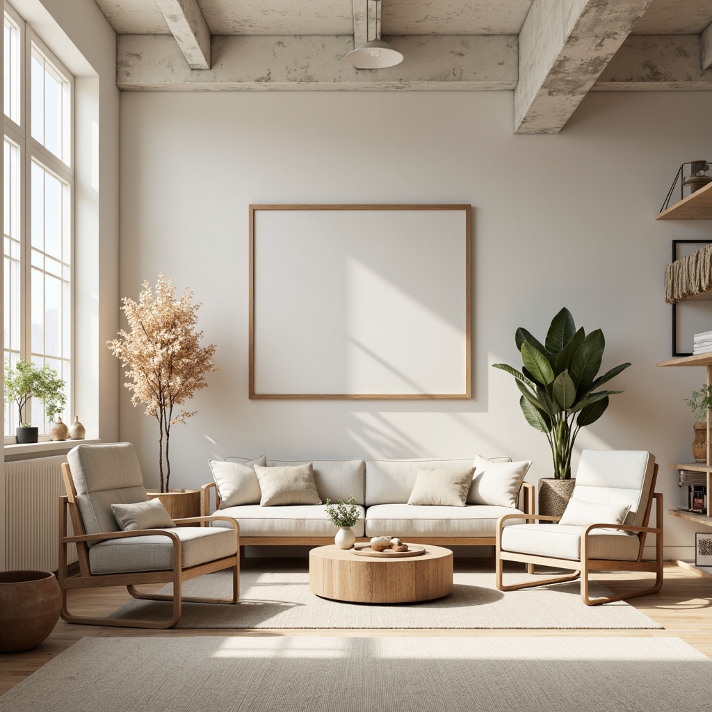 Prompt: Monochromatic color scheme, soft pastel hues, creamy whites, rich wood tones, natural textiles, minimal ornamentation, clean lines, simple shapes, industrial materials, urban loft atmosphere, abundance of negative space, subtle gradient effects, gentle ambient lighting, shallow depth of field, 1/1 composition, realistic renderings.