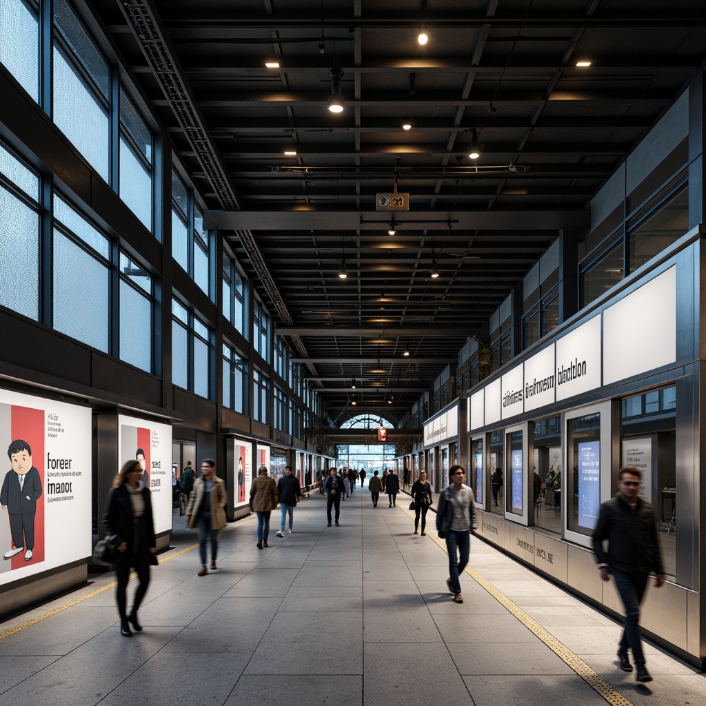 Prompt: Modern metro station, sleek signage, minimalist design, clean lines, simple typography, neutral color palette, LED displays, wayfinding systems, geometric patterns, urban atmosphere, rush hour scene, natural stone flooring, steel beams, glass ceilings, industrial lighting, shallow depth of field, 1/1 composition, realistic textures, ambient occlusion.