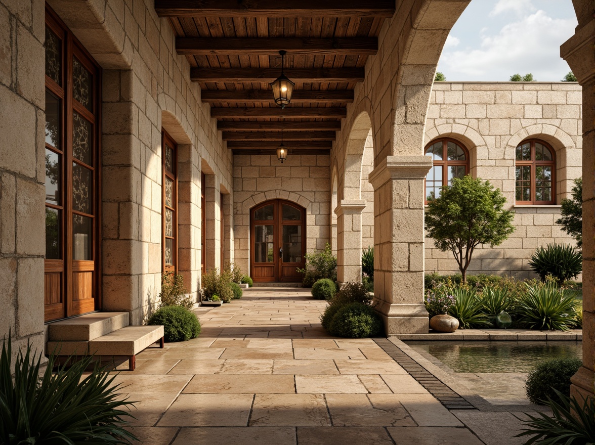 Prompt: Ancient monastery architecture, rustic stone walls, ornate wooden doors, stained glass windows, vaulted ceilings, grand entrance halls, peaceful courtyards, serene water features, lush greenery, natural earth tones, warm beige colors, soft golden lighting, subtle texture details, 1/2 composition, atmospheric perspective, realistic renderings, ambient occlusion.