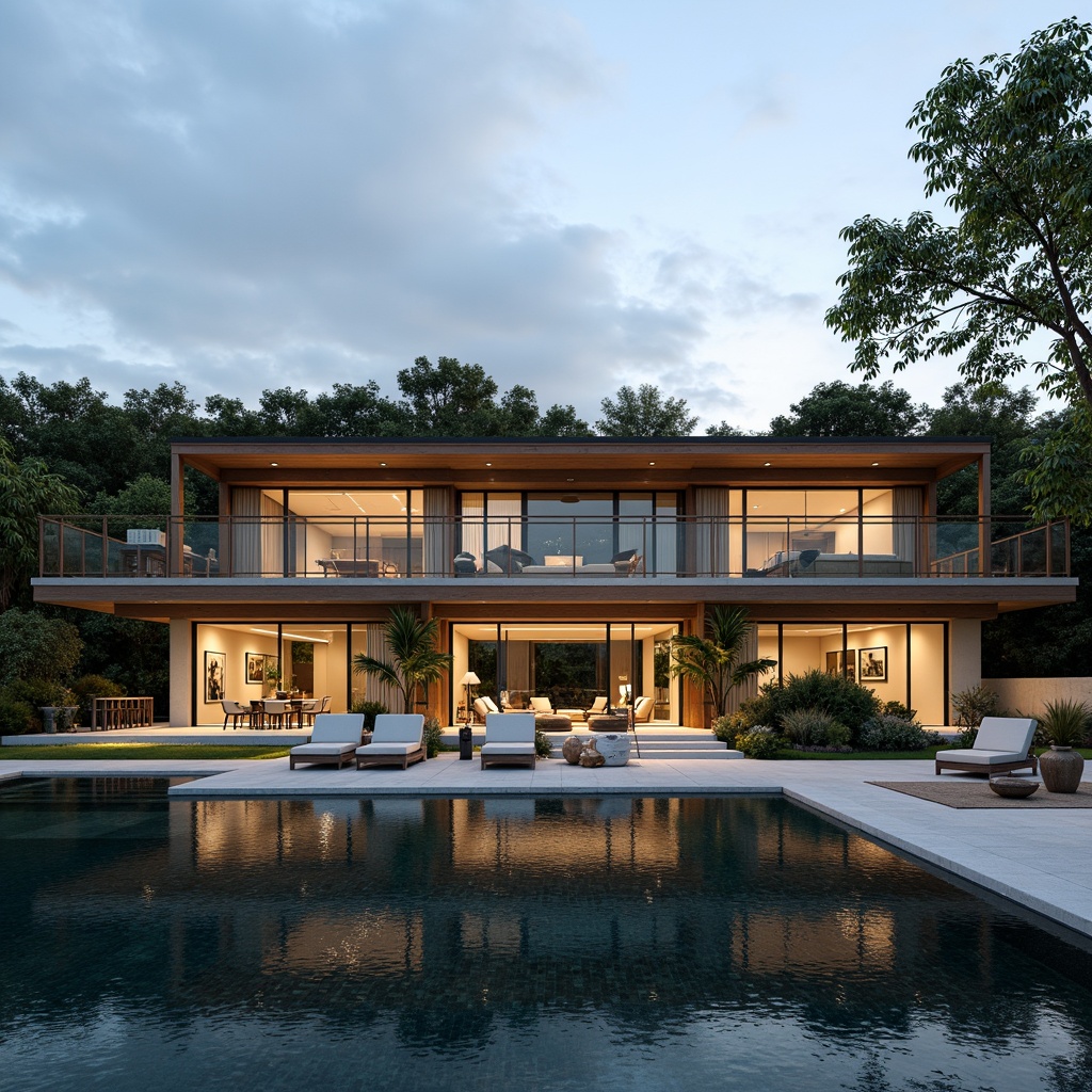 Prompt: Lakefront villa, modernist facade, horizontal lines, floor-to-ceiling windows, sliding glass doors, natural stone cladding, wooden accents, cantilevered roofs, outdoor living spaces, infinity pools, lush greenery, water features, tranquil atmosphere, soft warm lighting, shallow depth of field, 3/4 composition, panoramic view, realistic reflections, ambient occlusion.