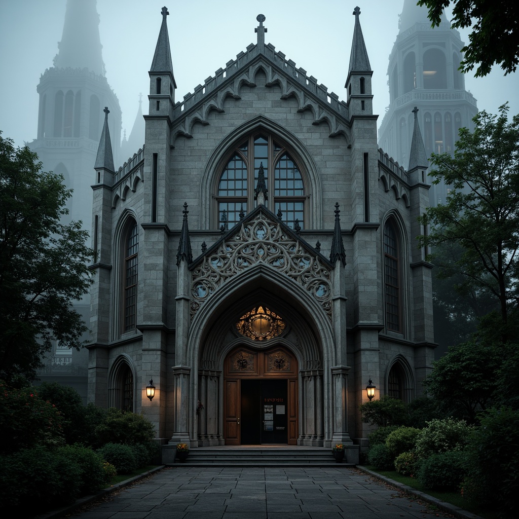 Prompt: Ornate Gothic facade, intricate stone carvings, pointed arches, ribbed vaults, flying buttresses, grandiose entranceways, heavy wooden doors, ornamental ironwork, stained glass windows, towering spires, dramatic lighting effects, misty atmospheric conditions, mysterious shadows, cinematic composition, low-key illumination, high-contrast textures.