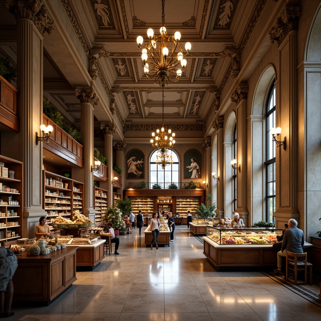 Prompt: \Elegant grocery store interior, neoclassical architecture, marble floors, ornate columns, decorative pilasters, high ceilings, grand chandeliers, wooden shelves, classic moldings, vintage-style signage, earthy color palette, warm soft lighting, subtle texture variations, realistic reflections, shallow depth of field, 1/1 composition, symmetrical framing, dramatic shadows, ornate metalwork details.\