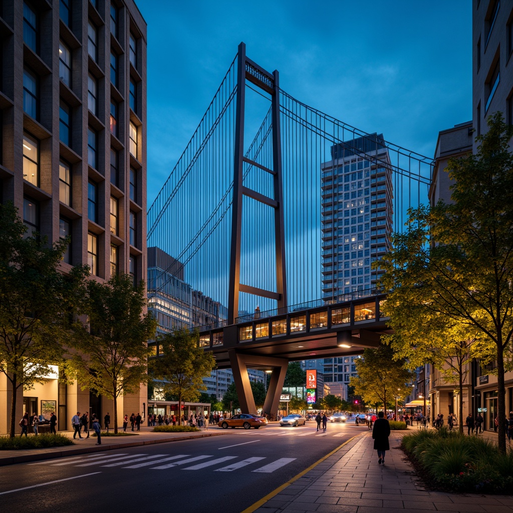 Prompt: Urban bridge, modern architecture, sleek steel structures, suspension cables, pedestrian walkways, cyclist lanes, vibrant cityscape, bustling streets, urban greenery, public art installations, dynamic lighting systems, nighttime ambiance, shallow depth of field, 1/2 composition, low-angle shot, realistic reflections, ambient occlusion.