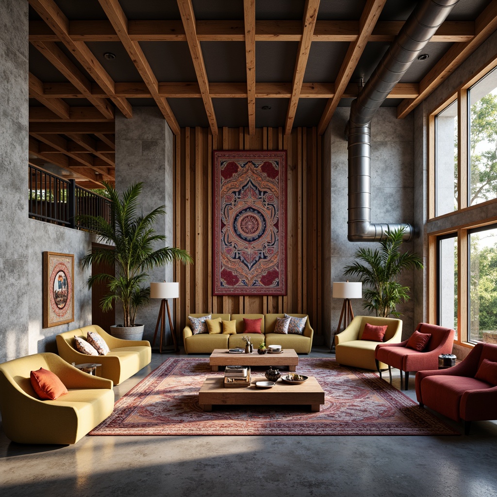 Prompt: Rustic stone walls, smooth wooden accents, velvety soft upholstery, metallic industrial pipes, distressed brick textures, natural fiber rugs, reflective glass surfaces, matte concrete floors, vibrant colorful tapestries, intricate geometric patterns, ornate carved details, warm ambient lighting, shallow depth of field, 1/1 composition, realistic renderings, ambient occlusion.