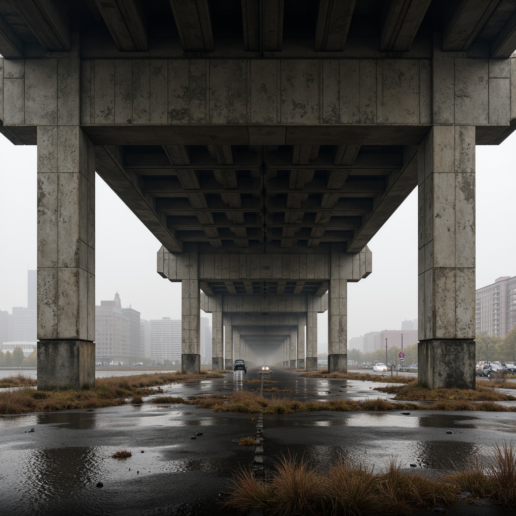 Prompt: Rugged brutalist bridge, exposed concrete structure, bold geometric forms, industrial aesthetic, weathered steel beams, raw unfinished surfaces, functional minimalism, urban cityscape, misty morning atmosphere, soft warm lighting, shallow depth of field, 2/3 composition, dramatic low-angle shot, realistic textures, ambient occlusion.