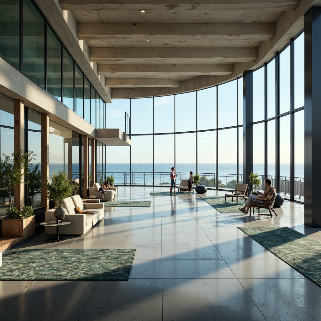 Prompt: Seaside gymnasium, oceanfront location, large windows, floor-to-ceiling glass walls, natural light pouring in, reflective polished floors, modern minimalist architecture, curved lines, nautical-inspired accents, reclaimed wood textures, distressed metal equipment, wave-patterned rugs, calming blue-green color scheme, airy open spaces, high ceilings, subtle beachy scents, gentle sea breeze, 1/2 composition, soft warm lighting, shallow depth of field, panoramic view.