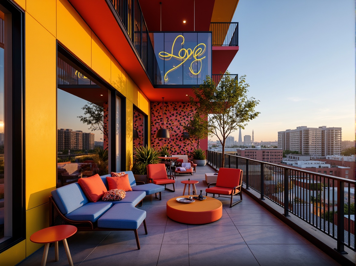 Prompt: Vibrant apartment complex, bold color blocking, contrasting textures, geometric patterned walls, eclectic furniture arrangement, experimental lighting fixtures, neon accents, futuristic ambiance, sleek metal railings, polished concrete floors, industrial-chic decor, urban cityscape views, afternoon sunlight filtering, warm golden hour glow, shallow depth of field, 2/3 composition, symmetrical framing, richly saturated hues.