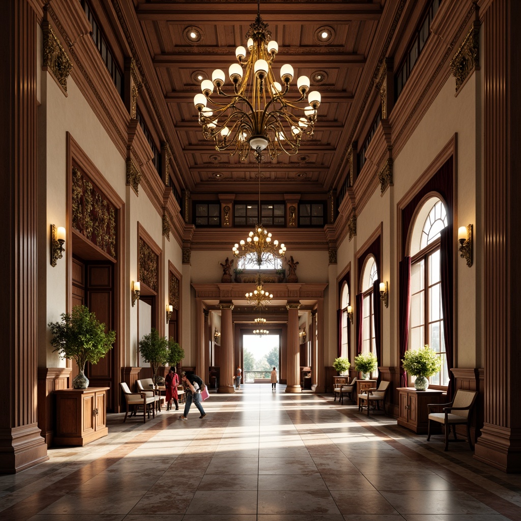 Prompt: Elegant neoclassical interior, high ceilings, ornate moldings, grand chandeliers, marble floors, rich wood paneling, intricate carvings, luxurious fabrics, velvet drapes, gilded accents, symmetrical compositions, classical columns, arched windows, soft warm lighting, subtle shadows, 1/1 composition, shallow depth of field, realistic textures, ambient occlusion.