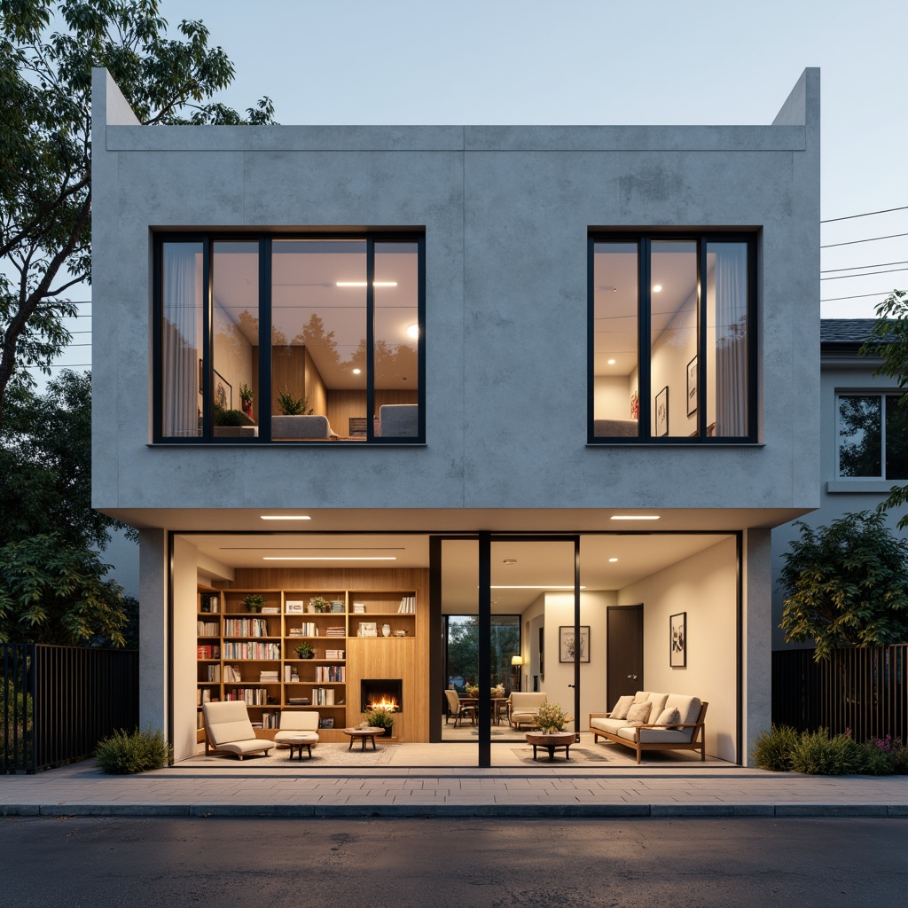 Prompt: Minimalist dorm facade, simple clean lines, monochromatic color scheme, industrial metal frames, large glass windows, sliding doors, subtle LED lighting, concrete walls, wooden accents, cozy reading nooks, built-in shelving, Scandinavian-inspired furniture, natural textiles, soft pastel hues, shallow depth of field, 1/2 composition, atmospheric perspective, warm diffused lighting.