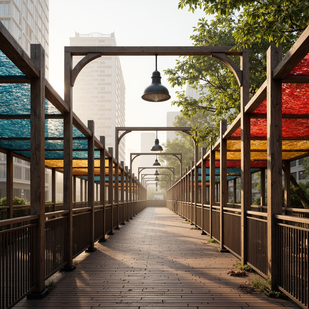 Prompt: Rustic pedestrian bridge, woven rope railings, wooden plank flooring, distressed metal beams, industrial-style street lamps, urban cityscape, morning misty atmosphere, soft warm lighting, shallow depth of field, 1/1 composition, realistic textures, ambient occlusion, rough-hewn stone pillars, natural fiber ropes, woven fabric canopies, vibrant colored tapestries, intricate geometric patterns, metallic accents, modern minimalist design.