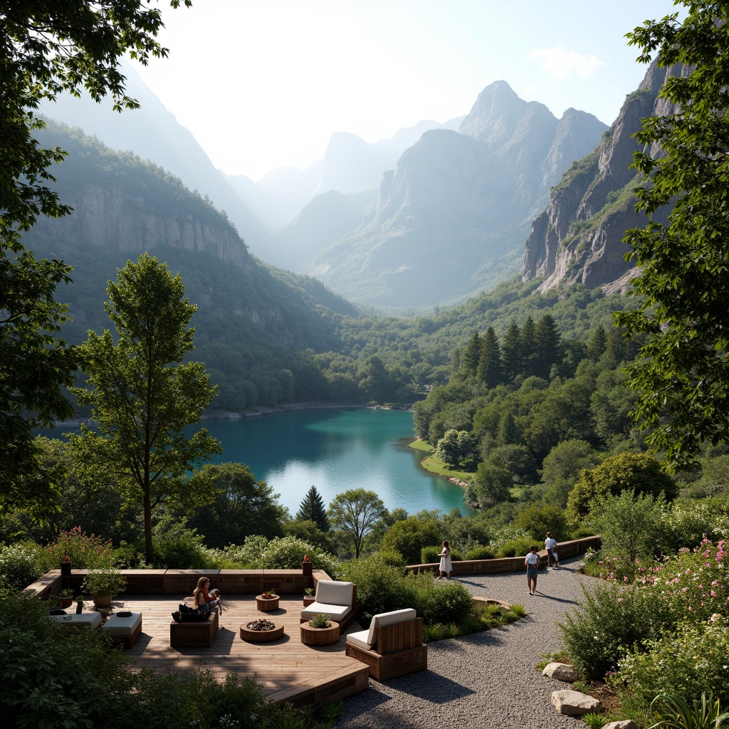 Prompt: Scenic mountainous backdrop, lush green forests, serene lakeside, natural stone walls, wooden decks, outdoor furniture, vibrant flora, blooming wildflowers, soft warm lighting, misty atmosphere, 3/4 composition, panoramic view, realistic textures, ambient occlusion.