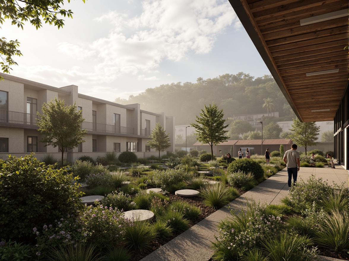 Prompt: Eco-friendly building, natural materials, reclaimed wood accents, low-carbon concrete, sustainable steel frames, recycled glass partitions, energy-efficient systems, solar panels integration, green roofs, living walls, urban gardens, misty morning atmosphere, soft warm lighting, shallow depth of field, 3/4 composition, realistic textures, ambient occlusion.