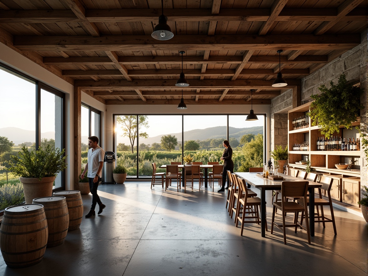 Prompt: Industrial chic winery interior, minimalist decor, reclaimed wood accents, steel beams, concrete floors, modern wine barrels, sleek metal tables, rustic wooden chairs, vintage wine-making equipment, earthy color palette, soft warm lighting, shallow depth of field, 1/1 composition, realistic textures, ambient occlusion, natural stone walls, large glass windows, rolling hills views, sun-kissed vineyards, serene atmosphere.