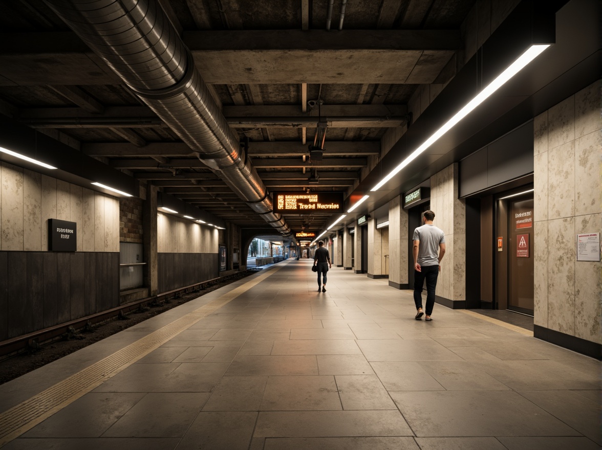 Prompt: Underground metro station, minimalist architecture, clean lines, industrial materials, exposed ductwork, concrete floors, steel beams, simple signage, soft ambient lighting, subtle shadows, warm color tones, gentle glow, indirect illumination, LED light strips, recessed lighting, diffuse reflections, realistic textures, shallow depth of field, 2/3 composition, atmospheric perspective.