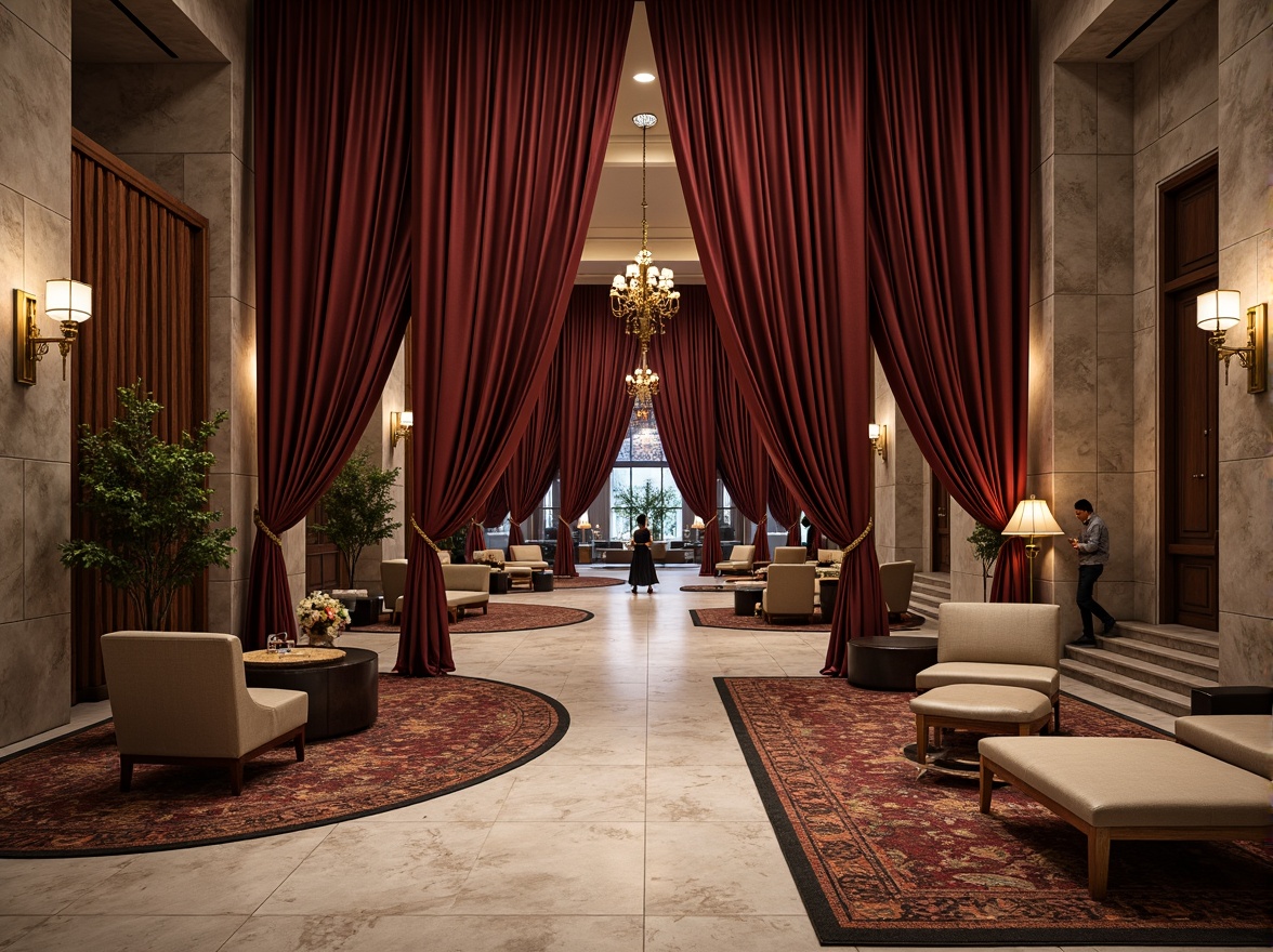 Prompt: Luxurious hotel lobby, rich velvet drapes, polished marble floors, ornate metal fixtures, plush carpeting, comfortable seating areas, natural stone walls, reclaimed wood accents, earthy tone color palette, warm ambient lighting, shallow depth of field, 3/4 composition, realistic textures, ambient occlusion.